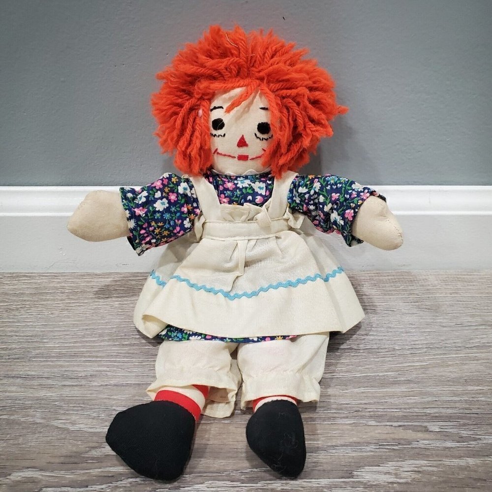 Vintage Raggedy Ann 11 inch Cloth Doll Hand Sewn Floral Dress and Apron